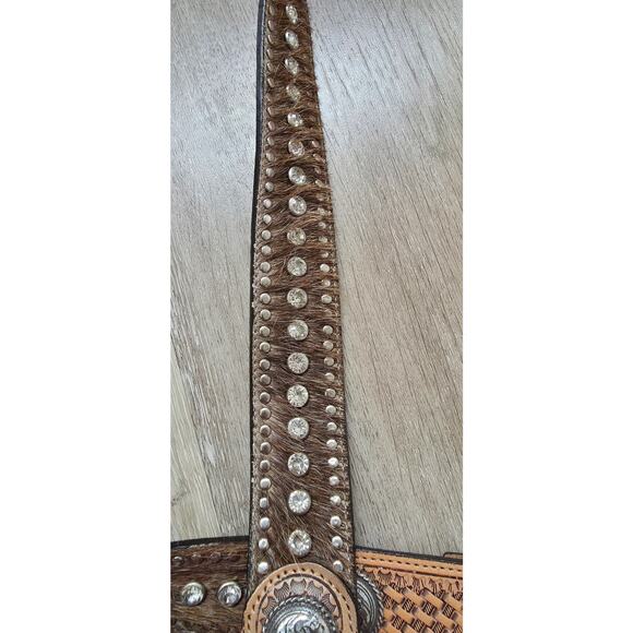 Nocona Calf Hair Leather Rhinestone Glam Belt Silver Tone Hardware sz 44 Western